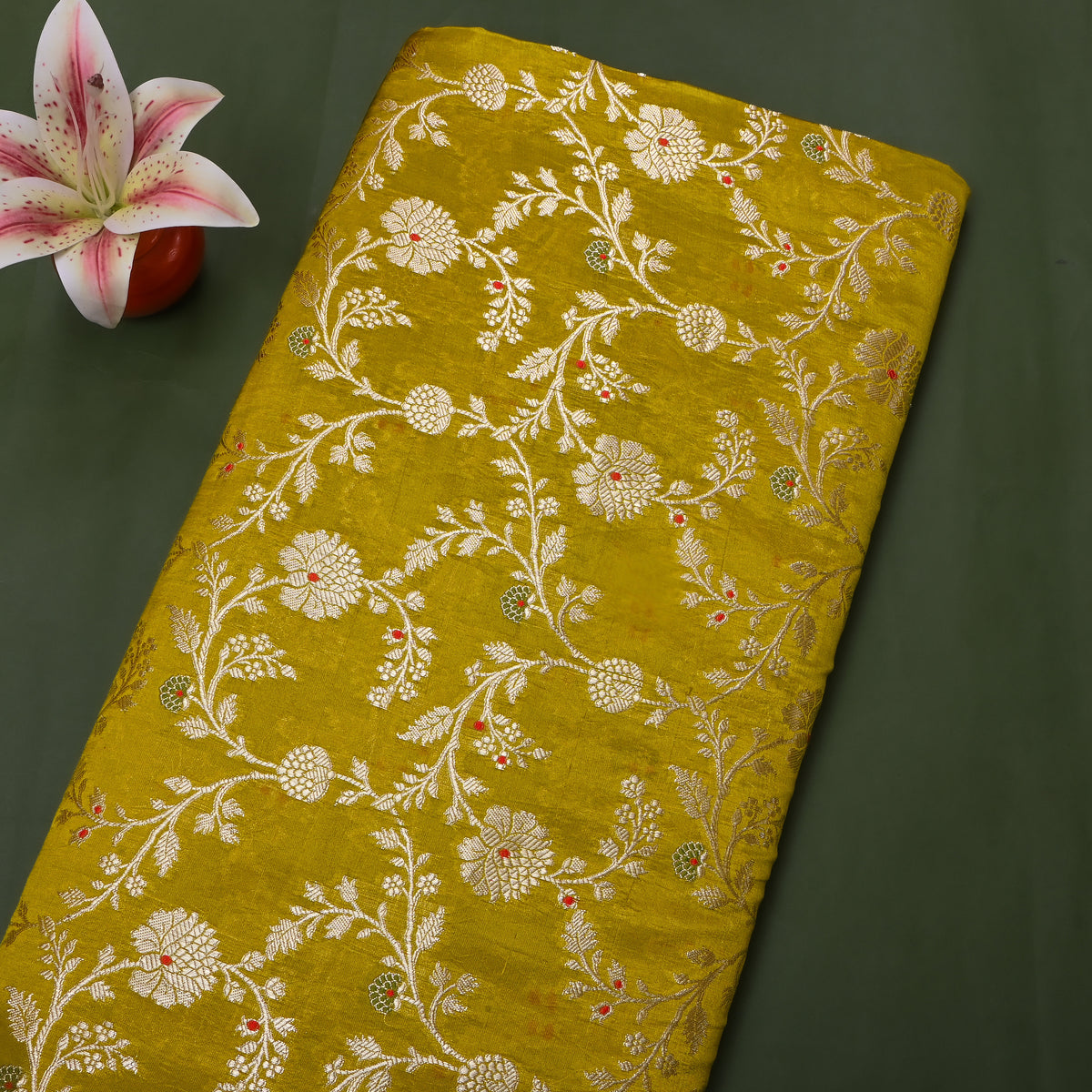 Olive Green Gold Zari Floral Vine Jaal Jamawar Silk Fabric