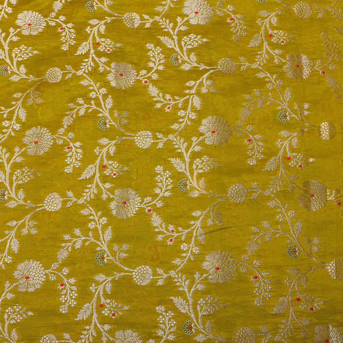 Olive Green Gold Zari Floral Vine Jaal Jamawar Silk Fabric