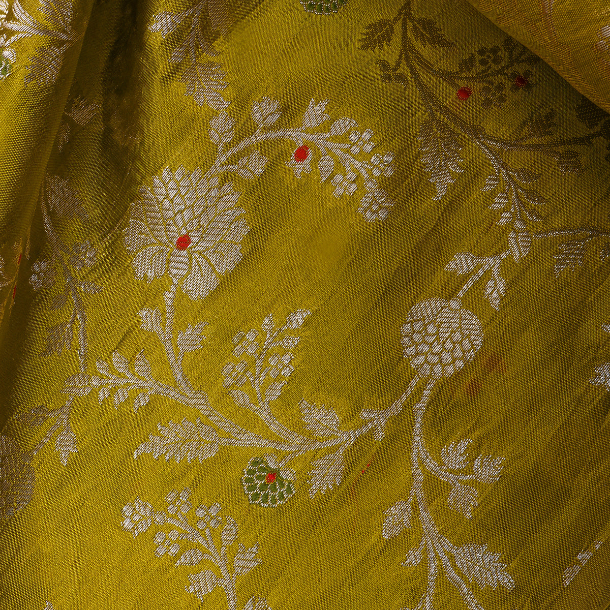 Olive Green Gold Zari Floral Vine Jaal Jamawar Silk Fabric