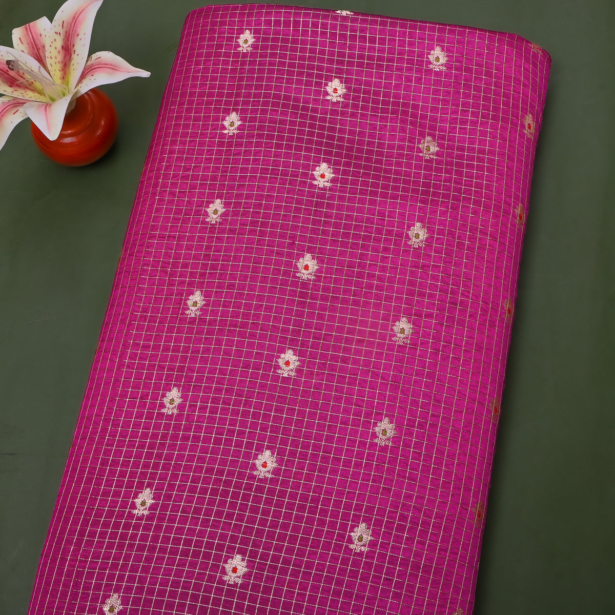 Dahlia Purple Silver Zari Butti Checks Jamawar Silk Fabric
