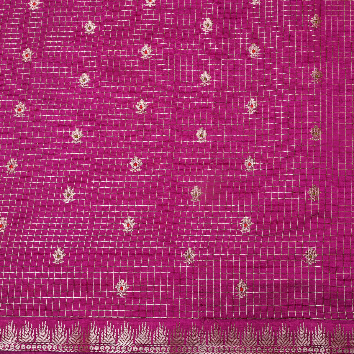 Dahlia Purple Silver Zari Butti Checks Jamawar Silk Fabric