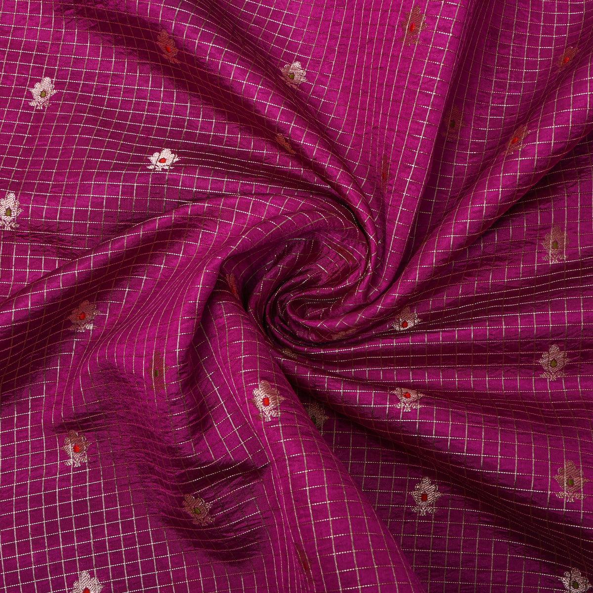 Dahlia Purple Silver Zari Butti Checks Jamawar Silk Fabric