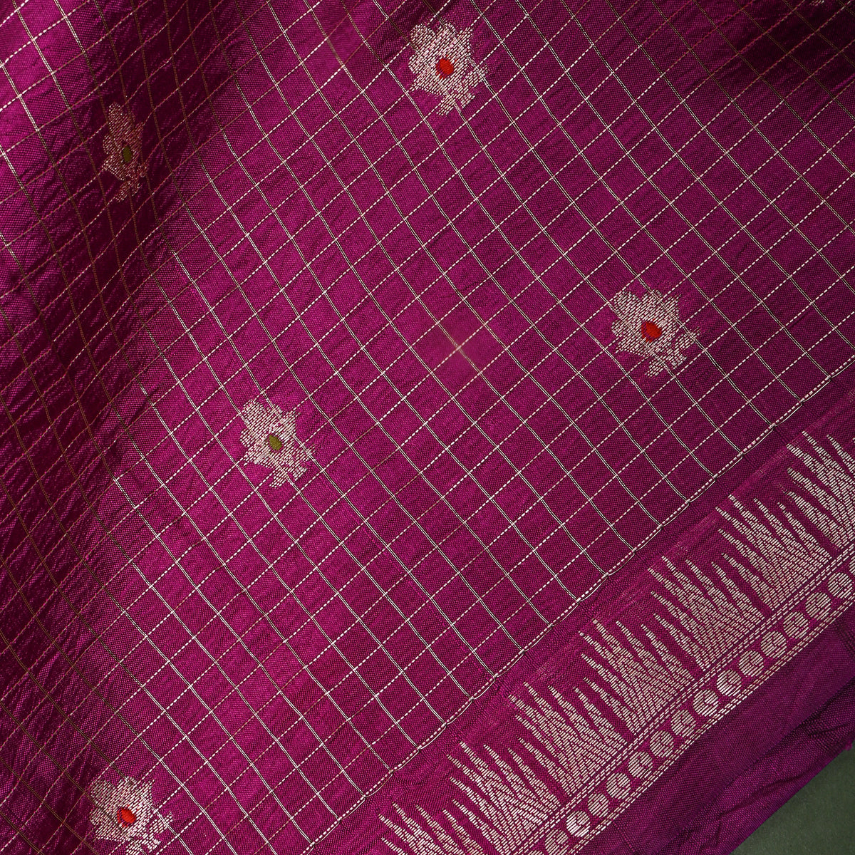 Dahlia Purple Silver Zari Butti Checks Jamawar Silk Fabric
