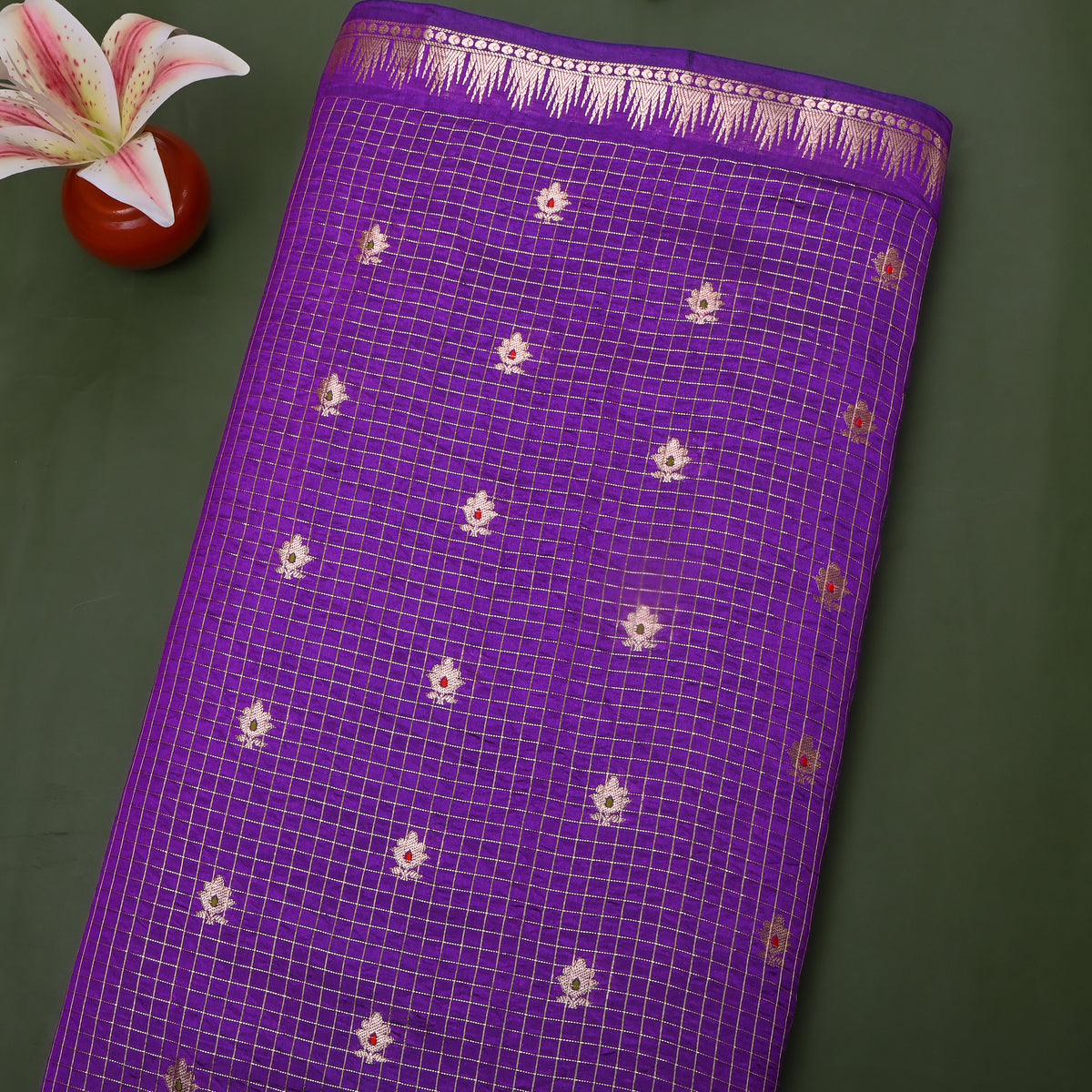 Iris Purple Silver Zari Butti Checks Jamawar Silk Fabric