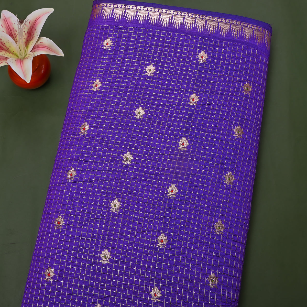 Sapphire Blue Silver Zari Butti Checks Jamawar Silk Fabric