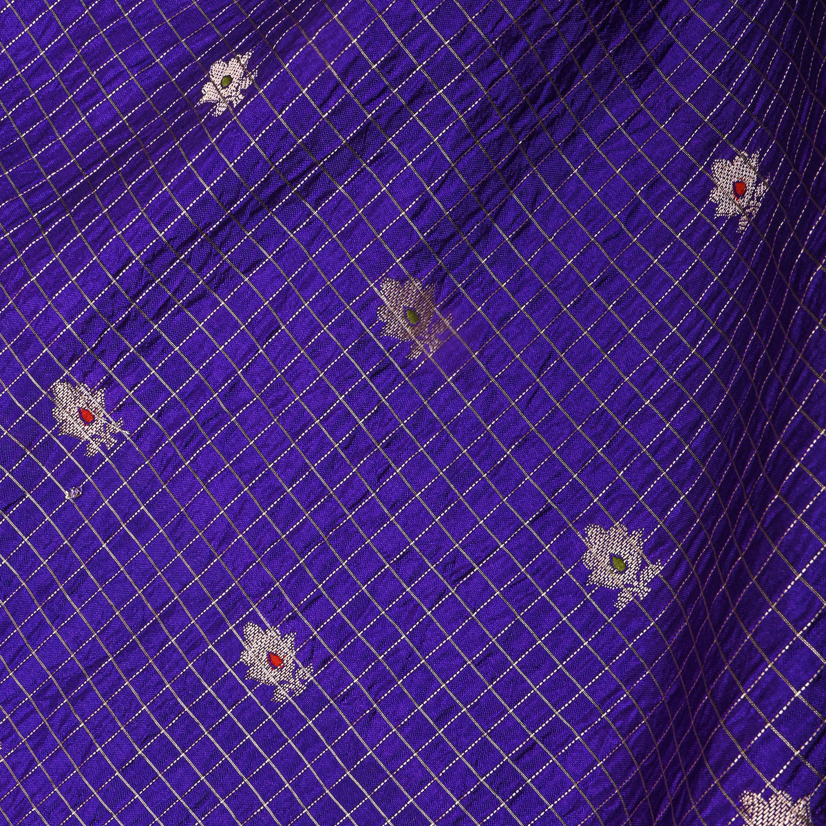 Sapphire Blue Silver Zari Butti Checks Jamawar Silk Fabric