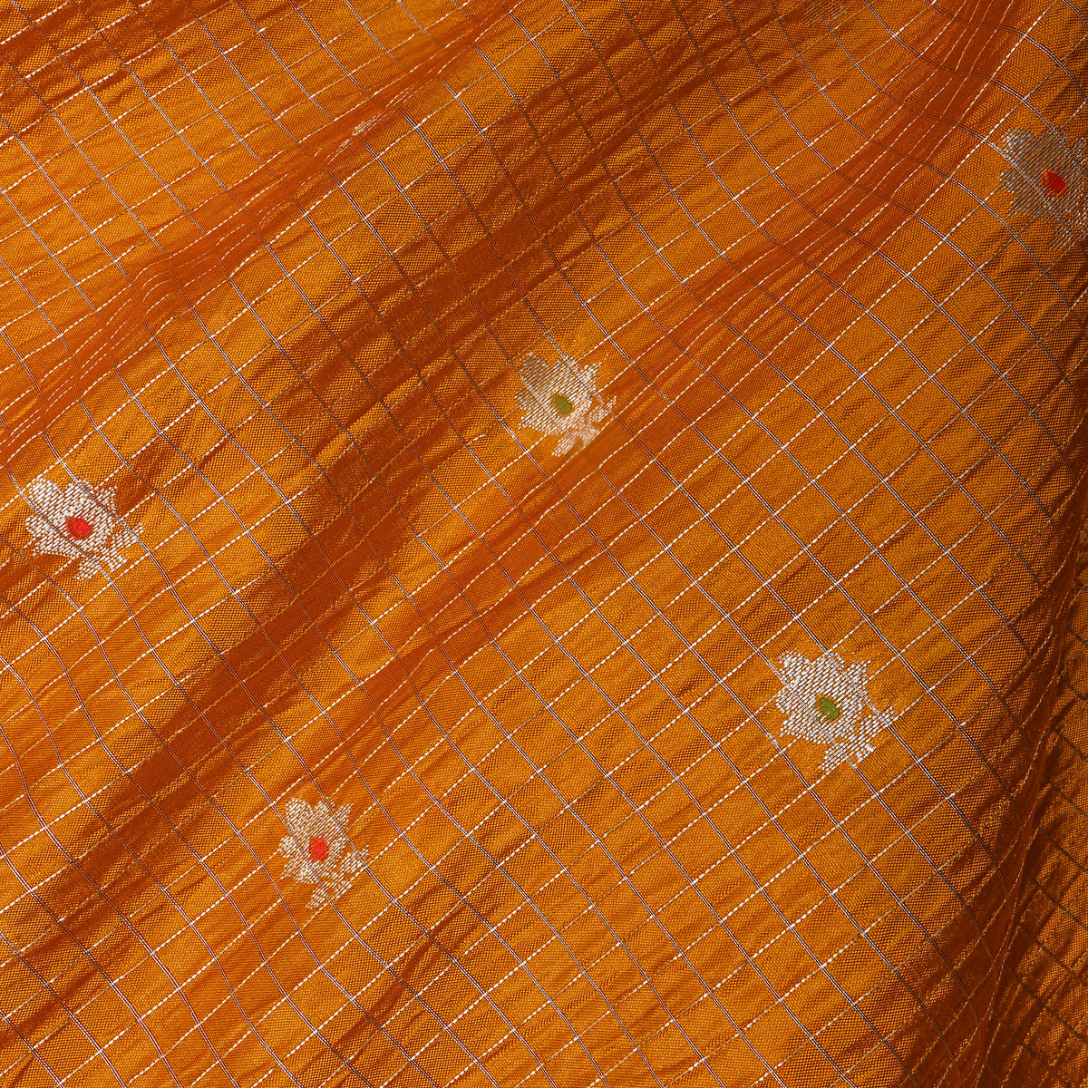 Saffron Orange Gold Zari Butti Checks Jamawar Silk Fabric