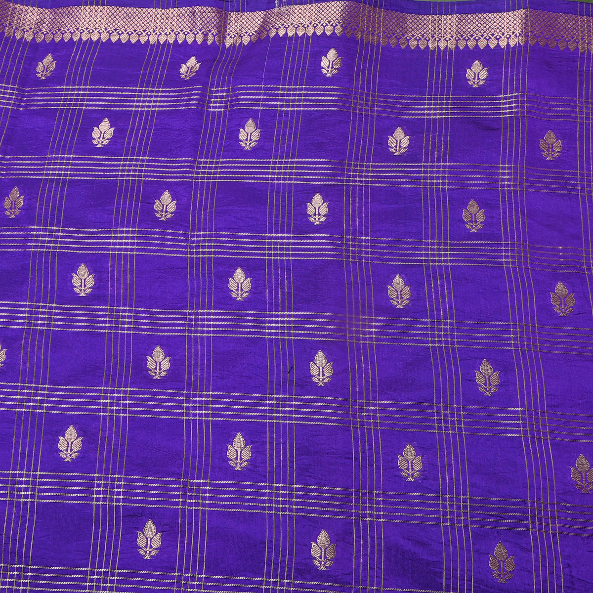 Cobalt Blue Gold Zari Leaf Butti Checks Jamawar Silk Fabric