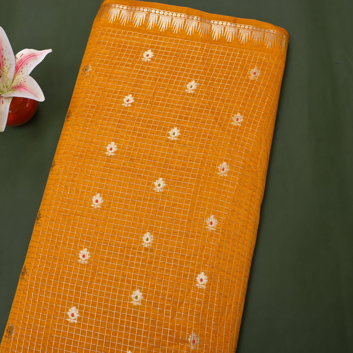 Marigold Yellow Gold Zari Temple Border Jamawar Silk Fabric