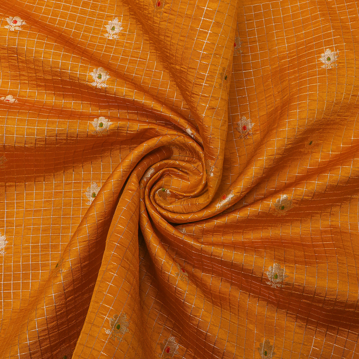 Marigold Yellow Gold Zari Temple Border Jamawar Silk Fabric