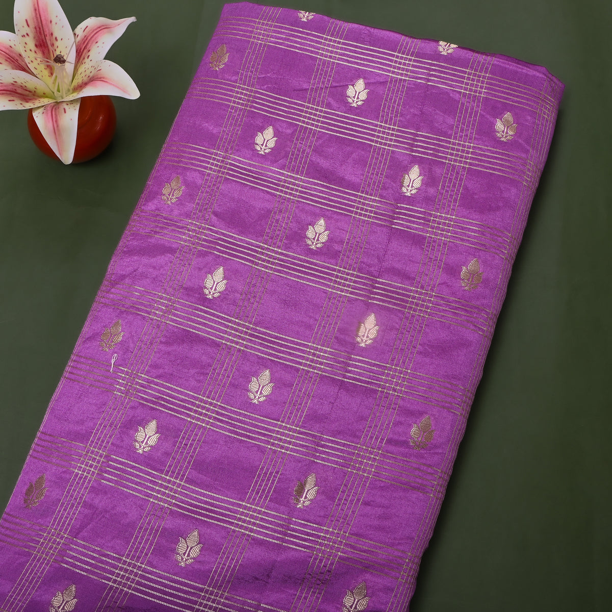 Amethyst Purple Dual Tone Zari Leaf Butti Checks Jamawar Silk Fabric