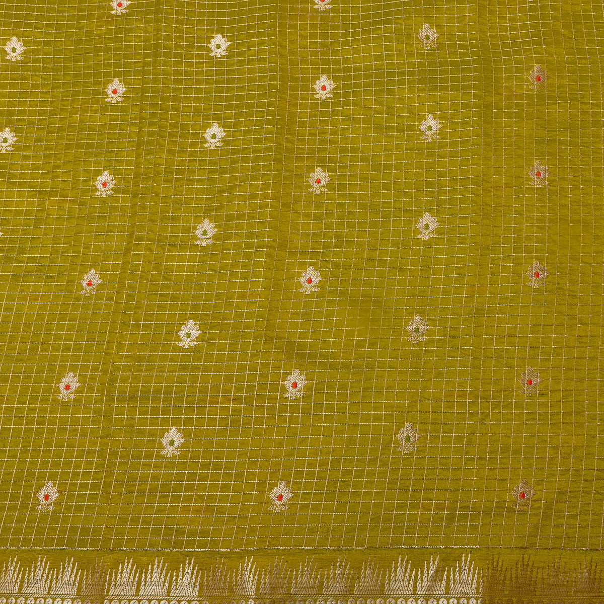 Avocado Green Gold Zari Butti Checks Jamawar Silk Fabric