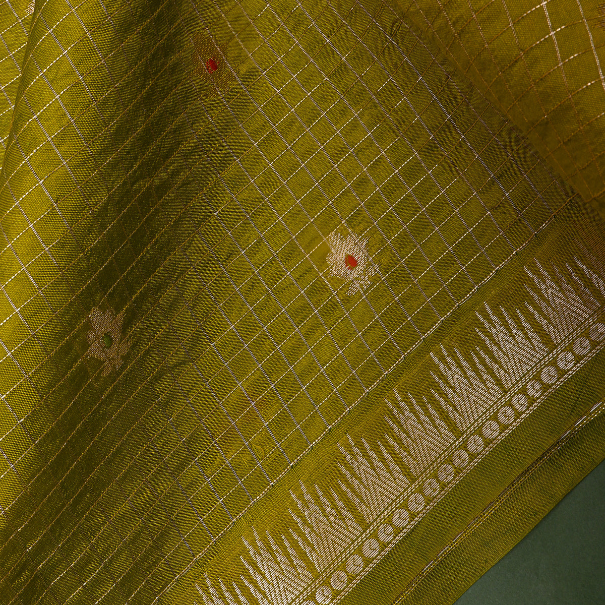 Avocado Green Gold Zari Butti Checks Jamawar Silk Fabric