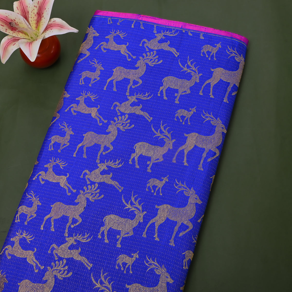 Cobalt Blue Silver Zari Deer Kanjivamram Silk Fabric