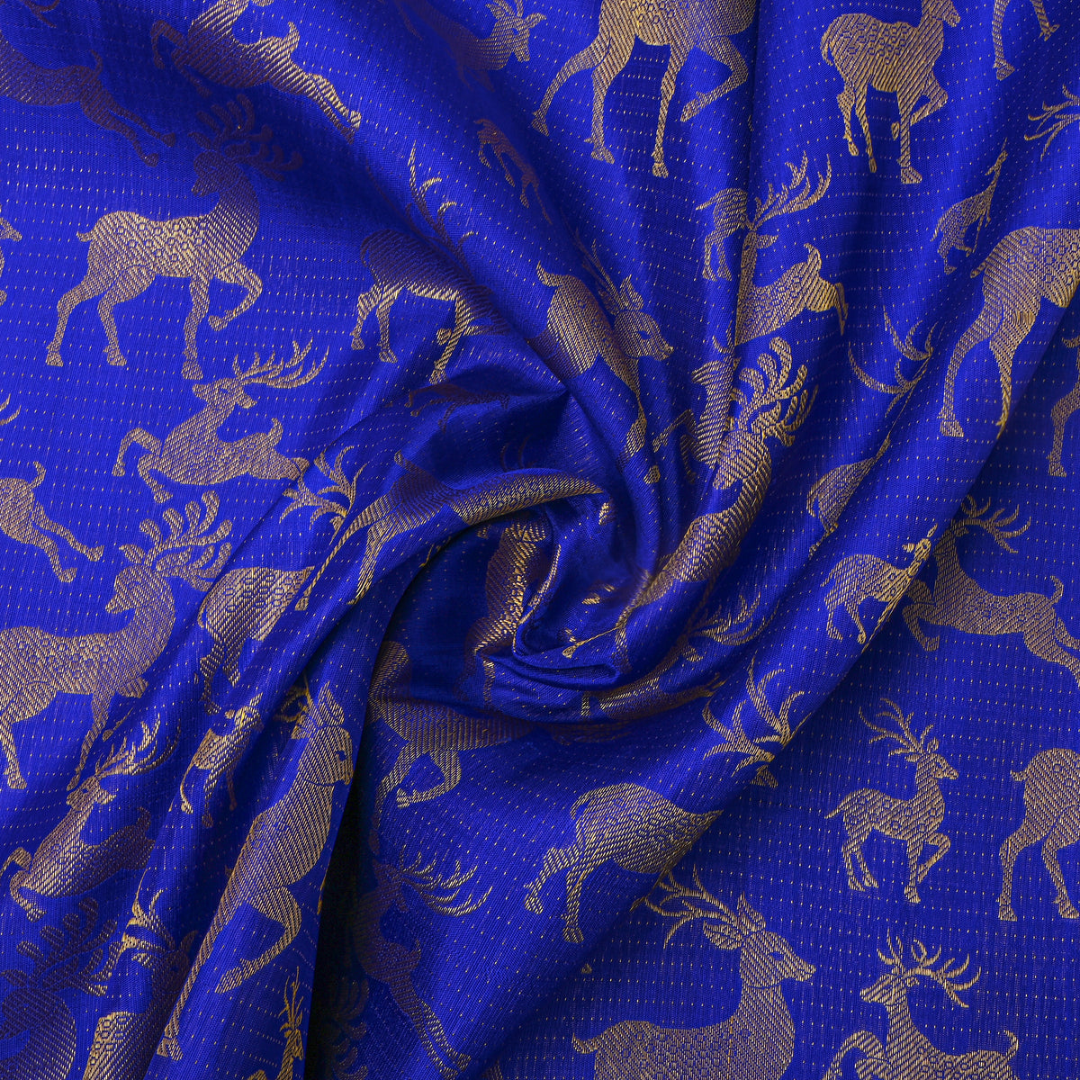 Cobalt Blue Silver Zari Deer Kanjivamram Silk Fabric