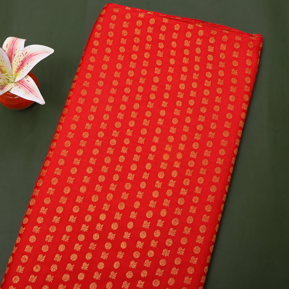 Vermilion Orange Gold Zari Butti Kanjivaram Silk Fabric