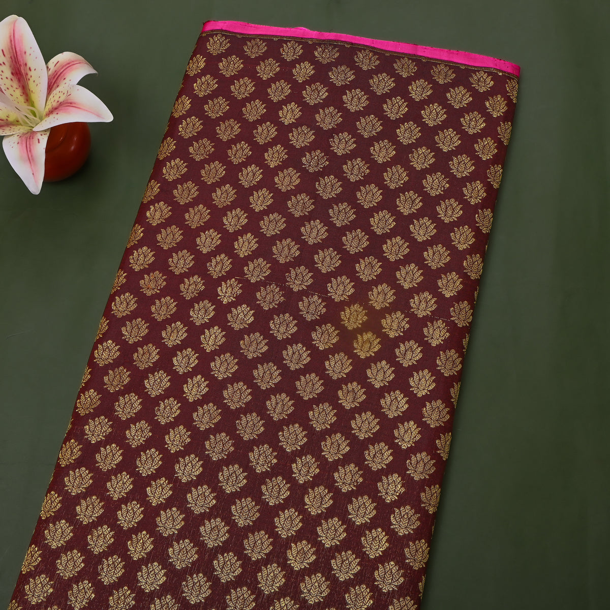 Brown With Lotus Butti Kanjivaram Silk Fabric