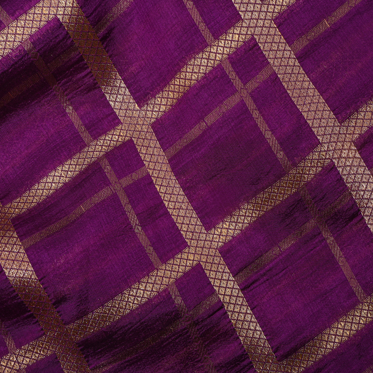 Deep Magenta Gold Zari Plaid Check Jamawar Silk Fabric