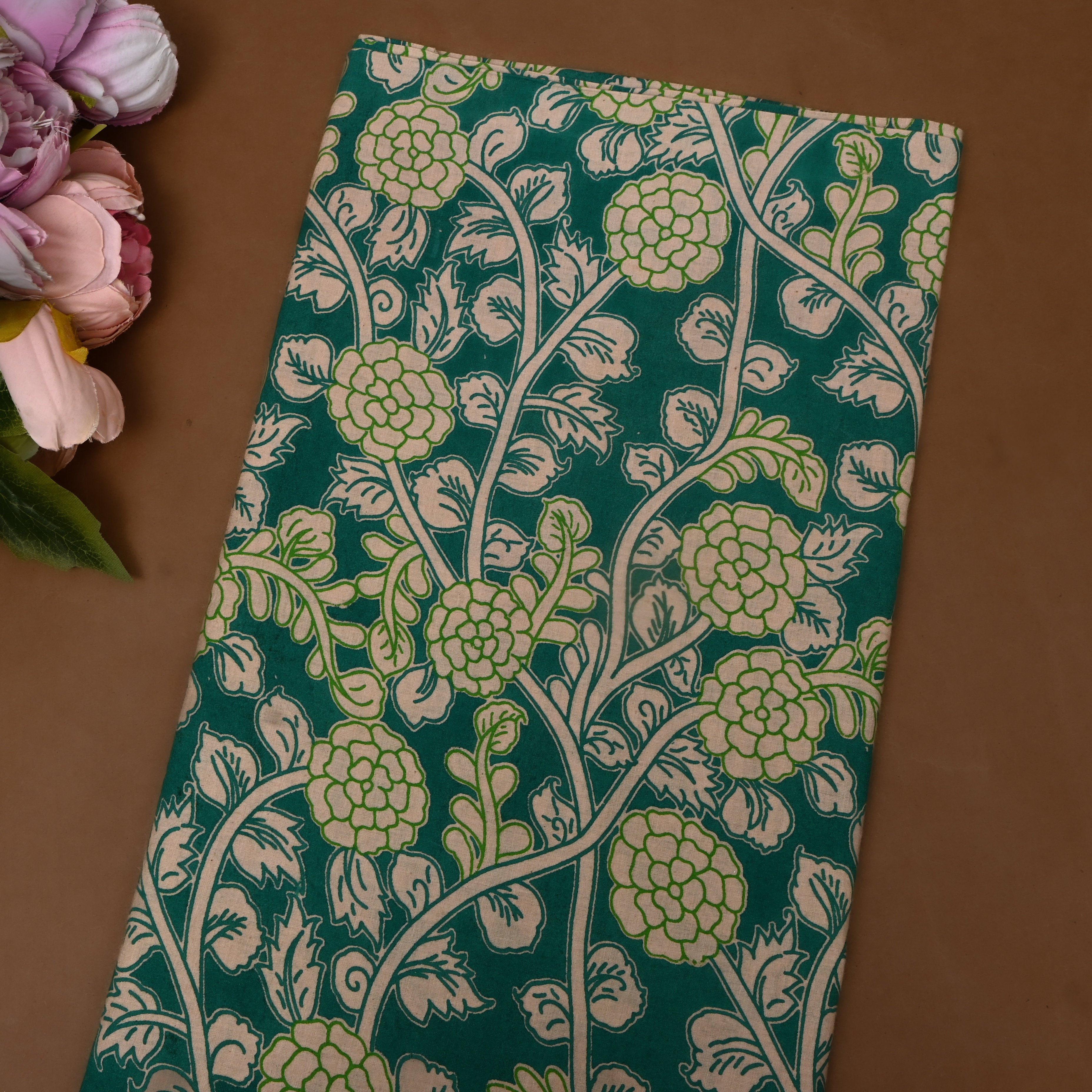 Teal Green Floral Vine Kalamkari Cotton
