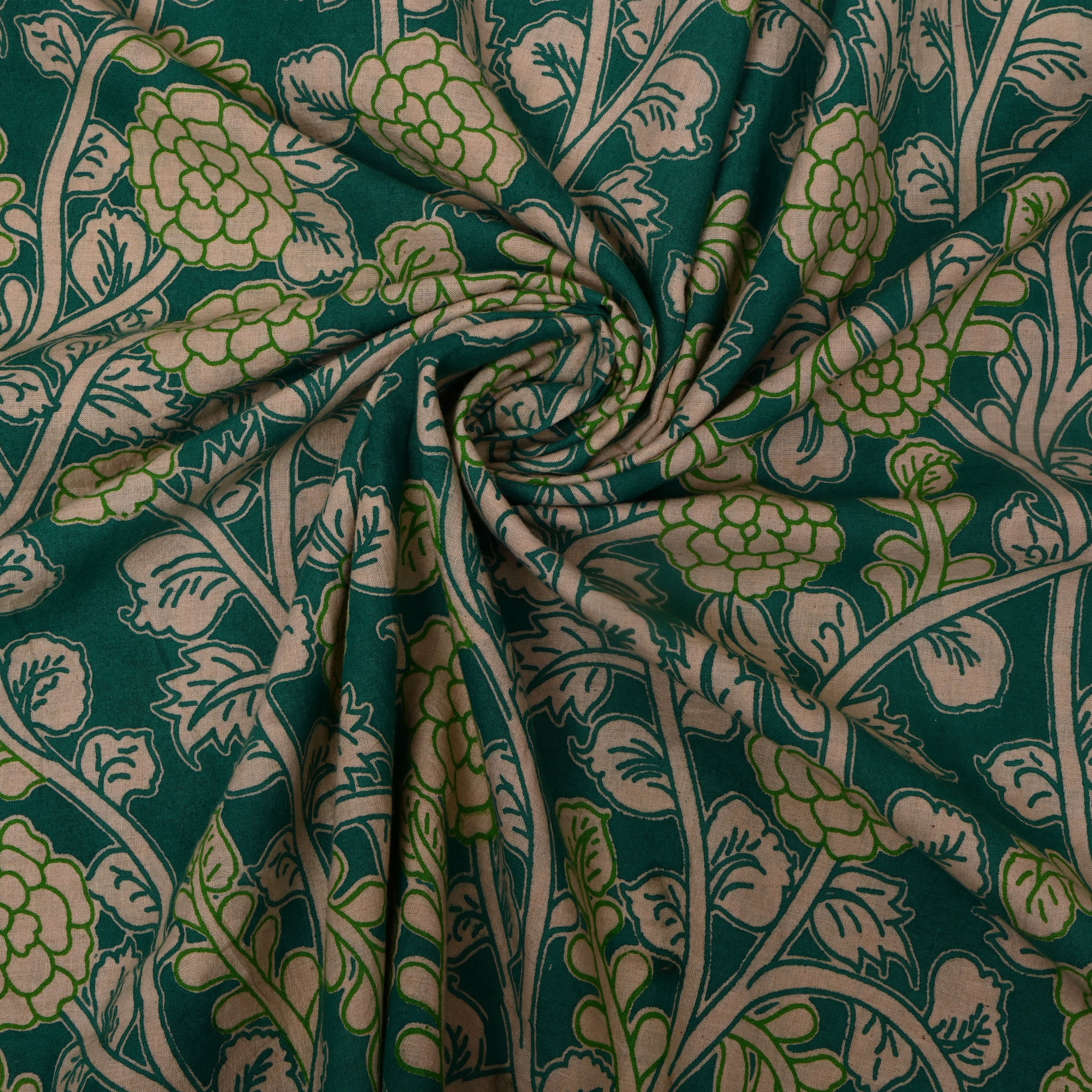 Teal Green Floral Vine Kalamkari Cotton