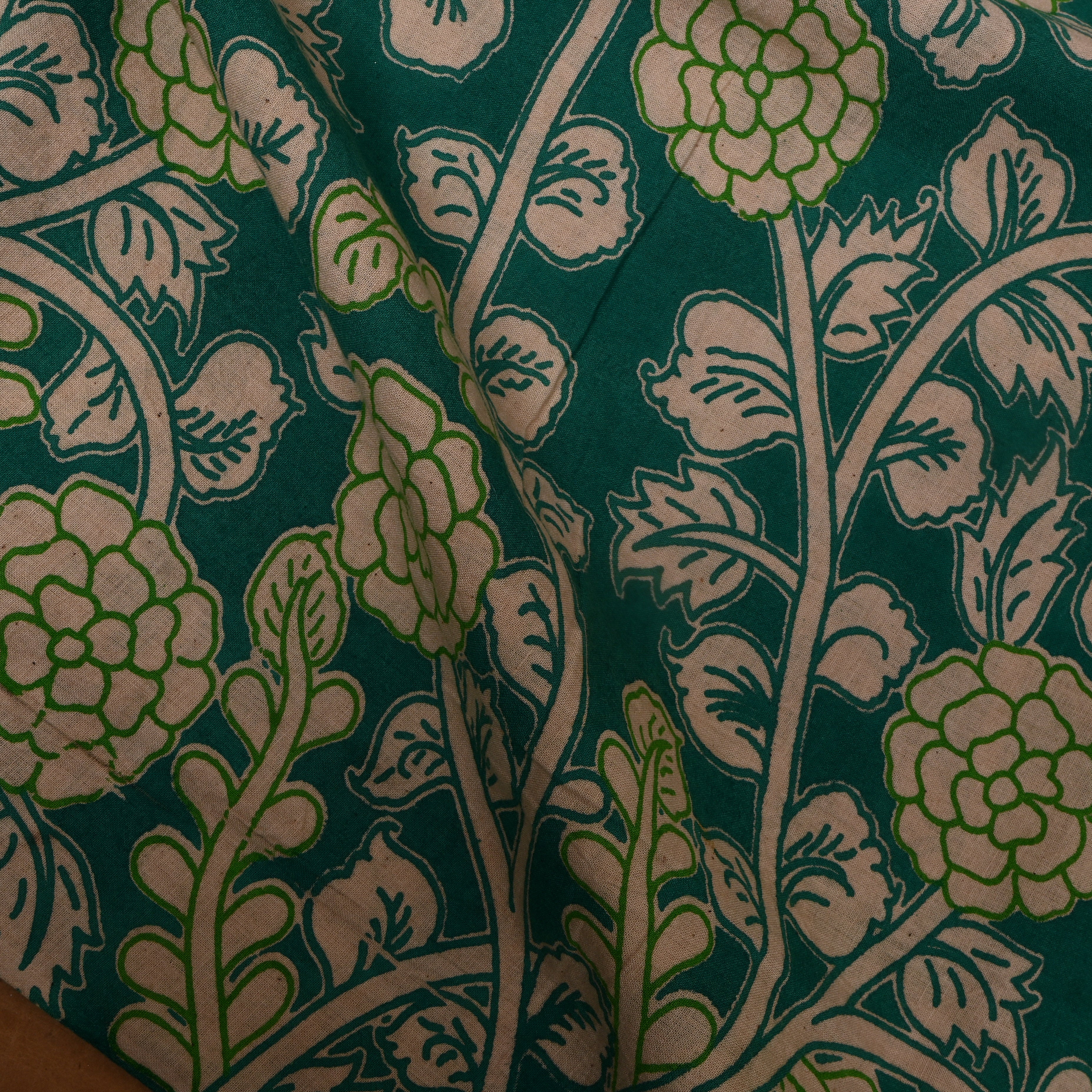 Teal Green Floral Vine Kalamkari Cotton