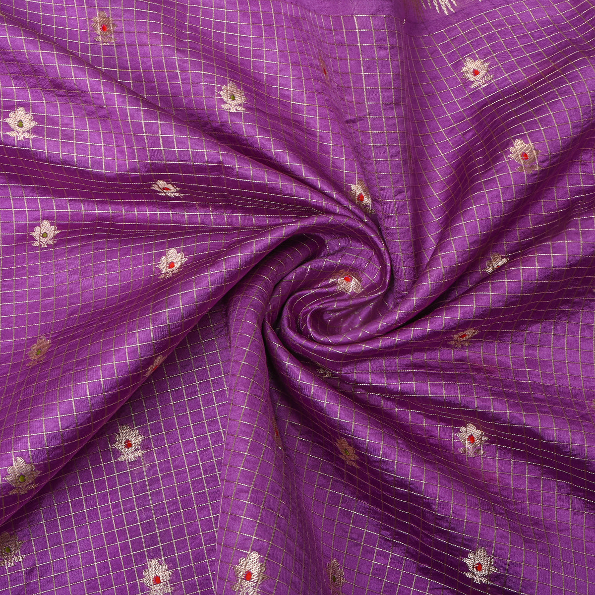 Heather Purple Silver Zari Butti Checks Jamawar Silk Fabric