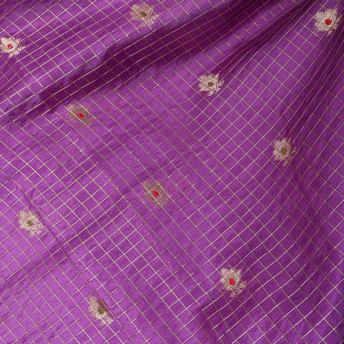 Heather Purple Silver Zari Butti Checks Jamawar Silk Fabric