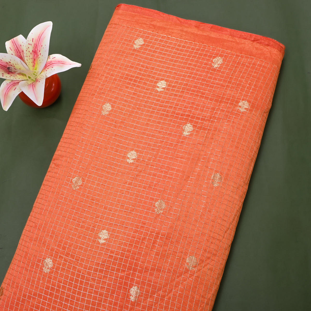 Apricot Orange Gold Zari Grid Butti Jamawar Silk Fabric