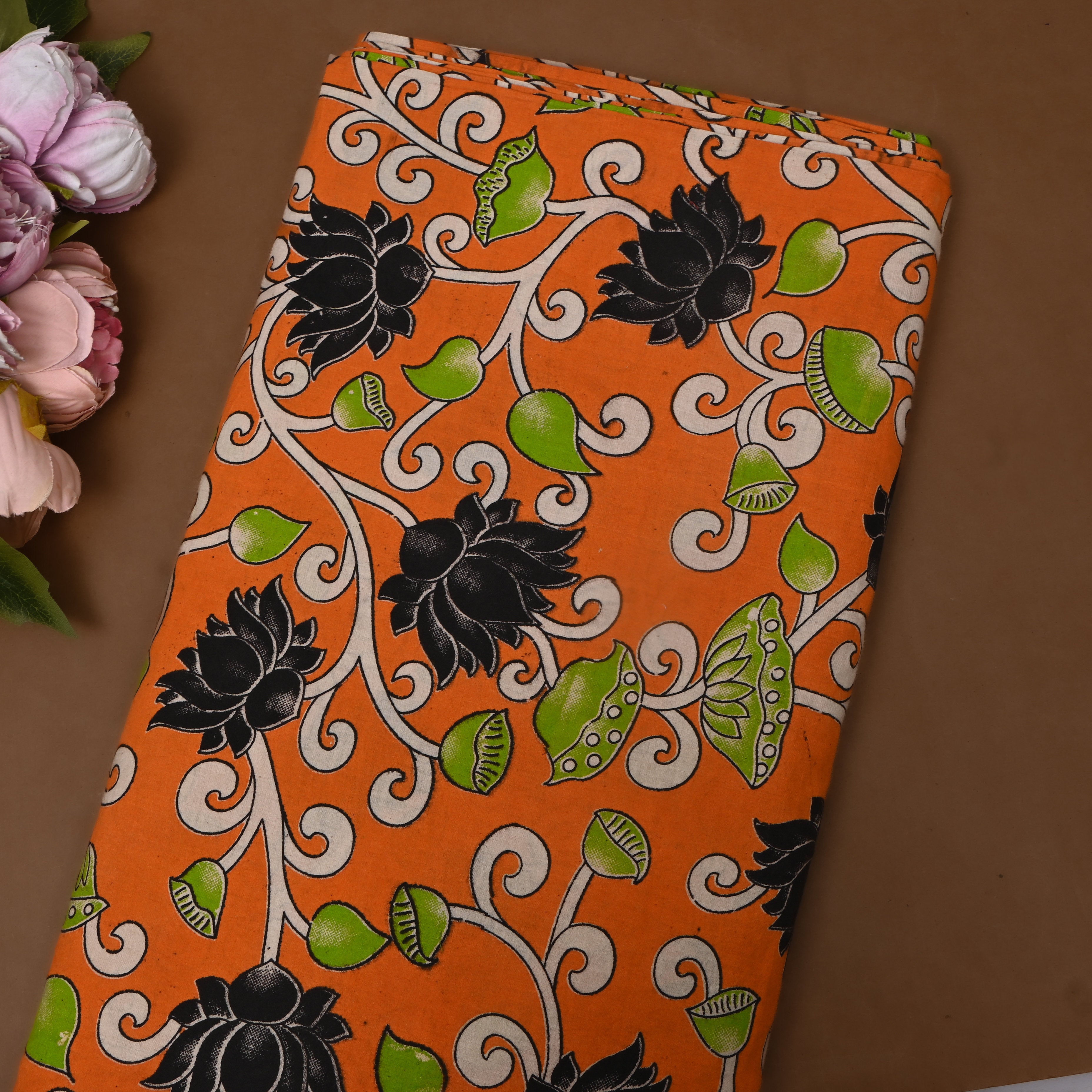 Burnt Orange Lotus Vine Kalamkari Cotton