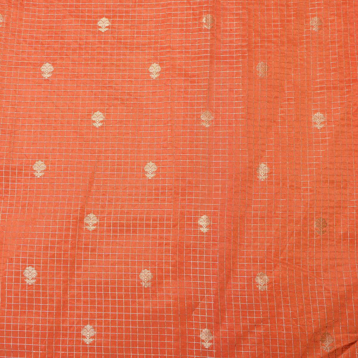 Apricot Orange Gold Zari Grid Butti Jamawar Silk Fabric