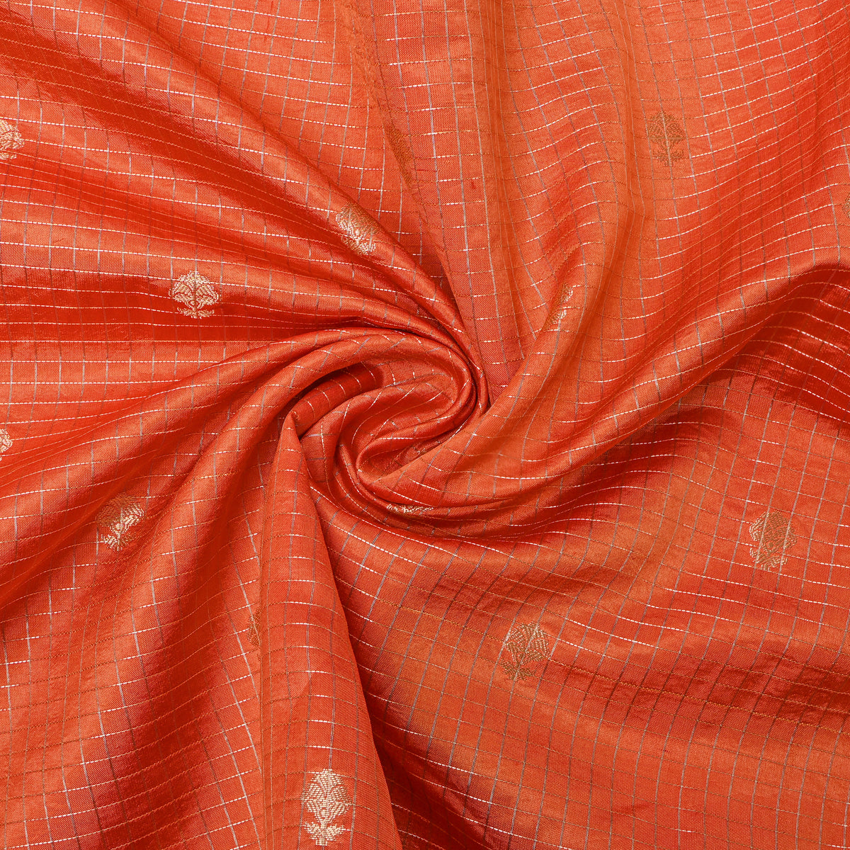 Apricot Orange Gold Zari Grid Butti Jamawar Silk Fabric