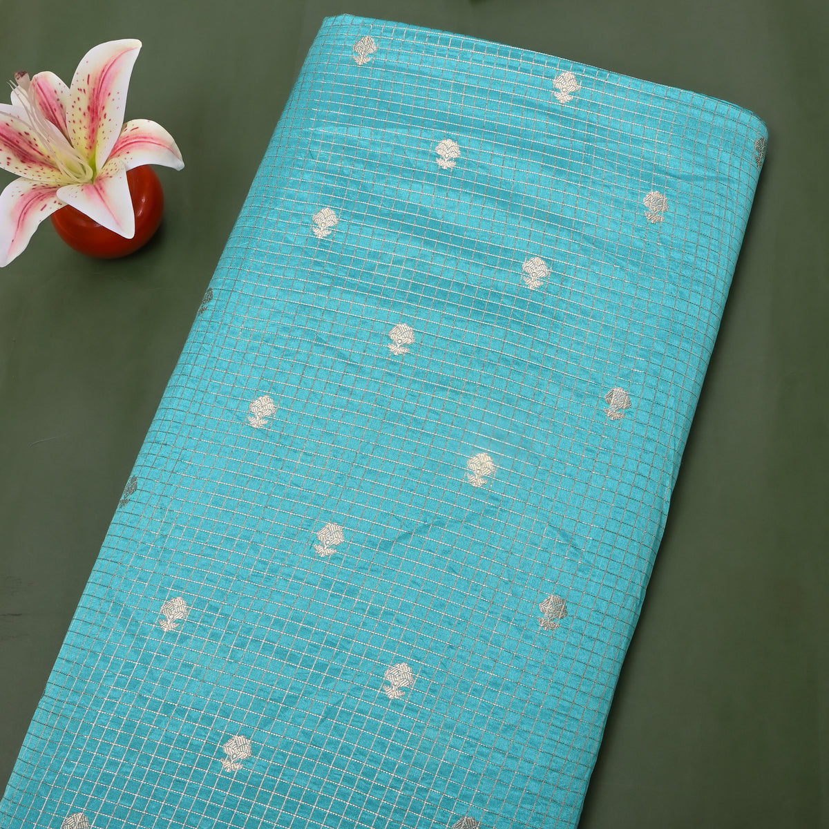 Sky Blue Silver Zari Trellis Butti Jamawar Silk Fabric