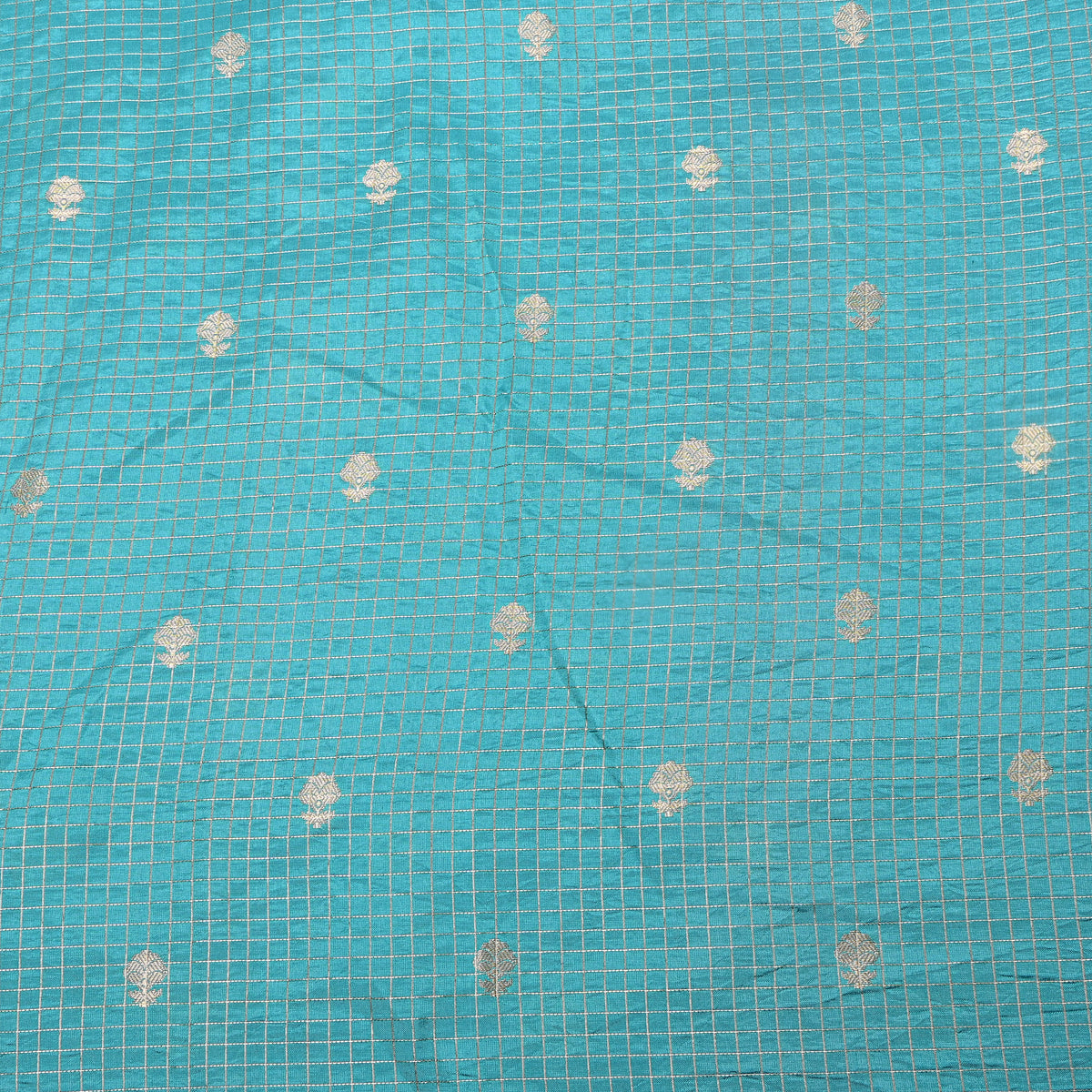 Sky Blue Silver Zari Trellis Butti Jamawar Silk Fabric