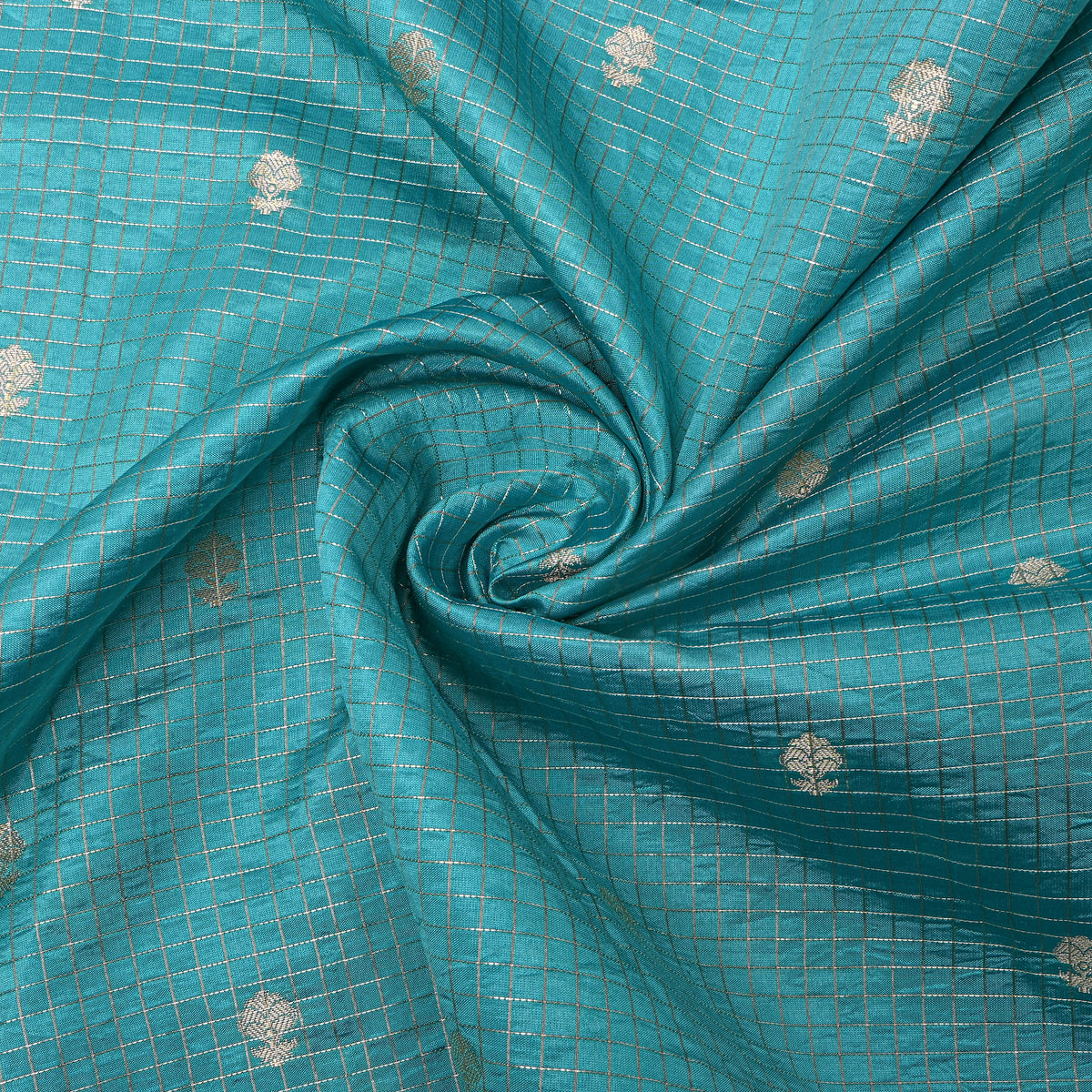 Sky Blue Silver Zari Trellis Butti Jamawar Silk Fabric