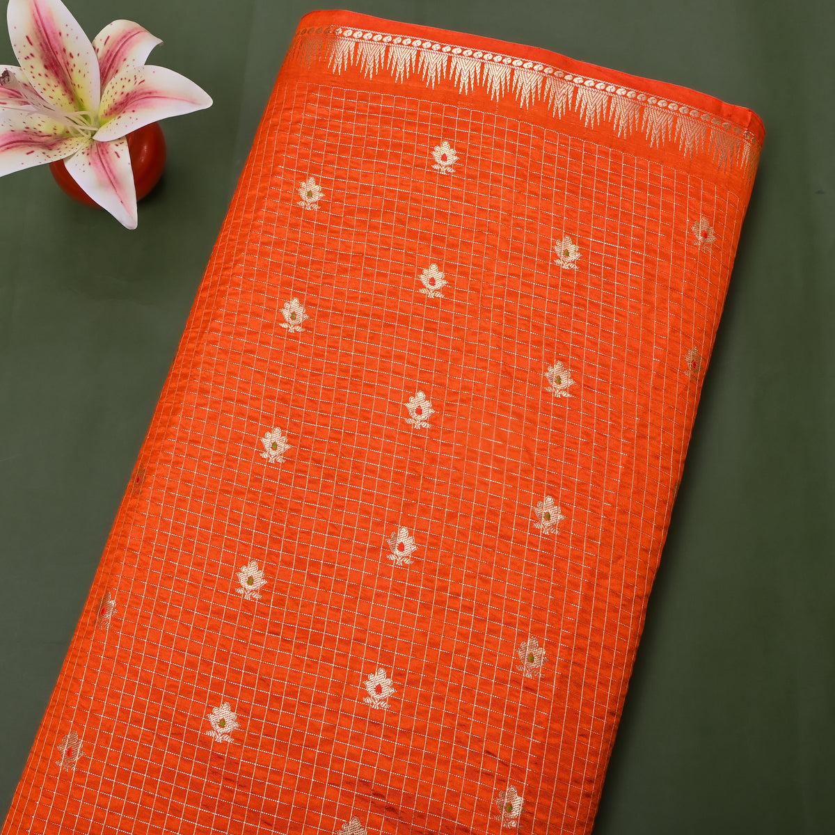 Persimmon Orange Gold Zari Butti Checks Jamawar Silk Fabric