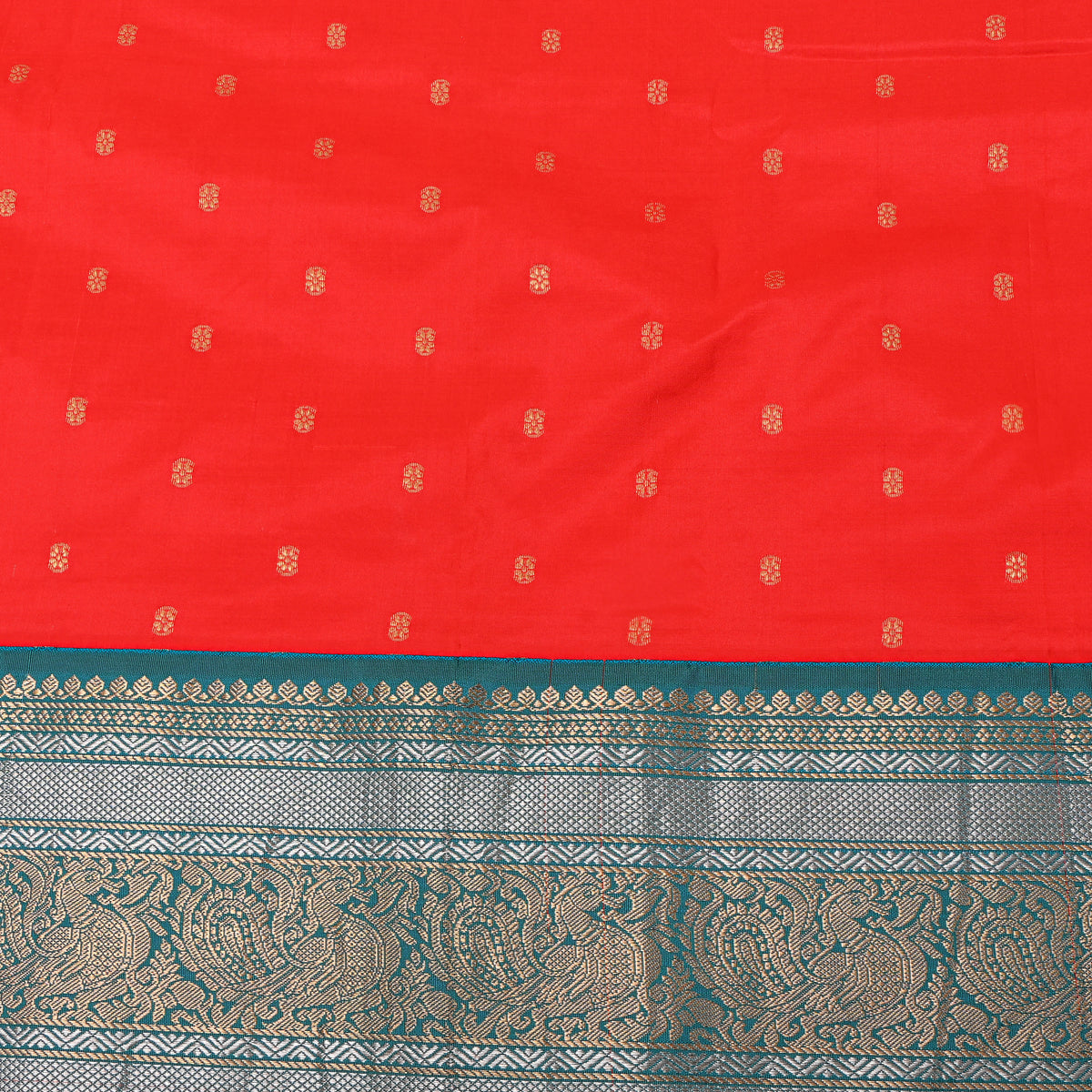Tomato Dual Tone Zari Butti Green Border Jamawar Silk Fabric