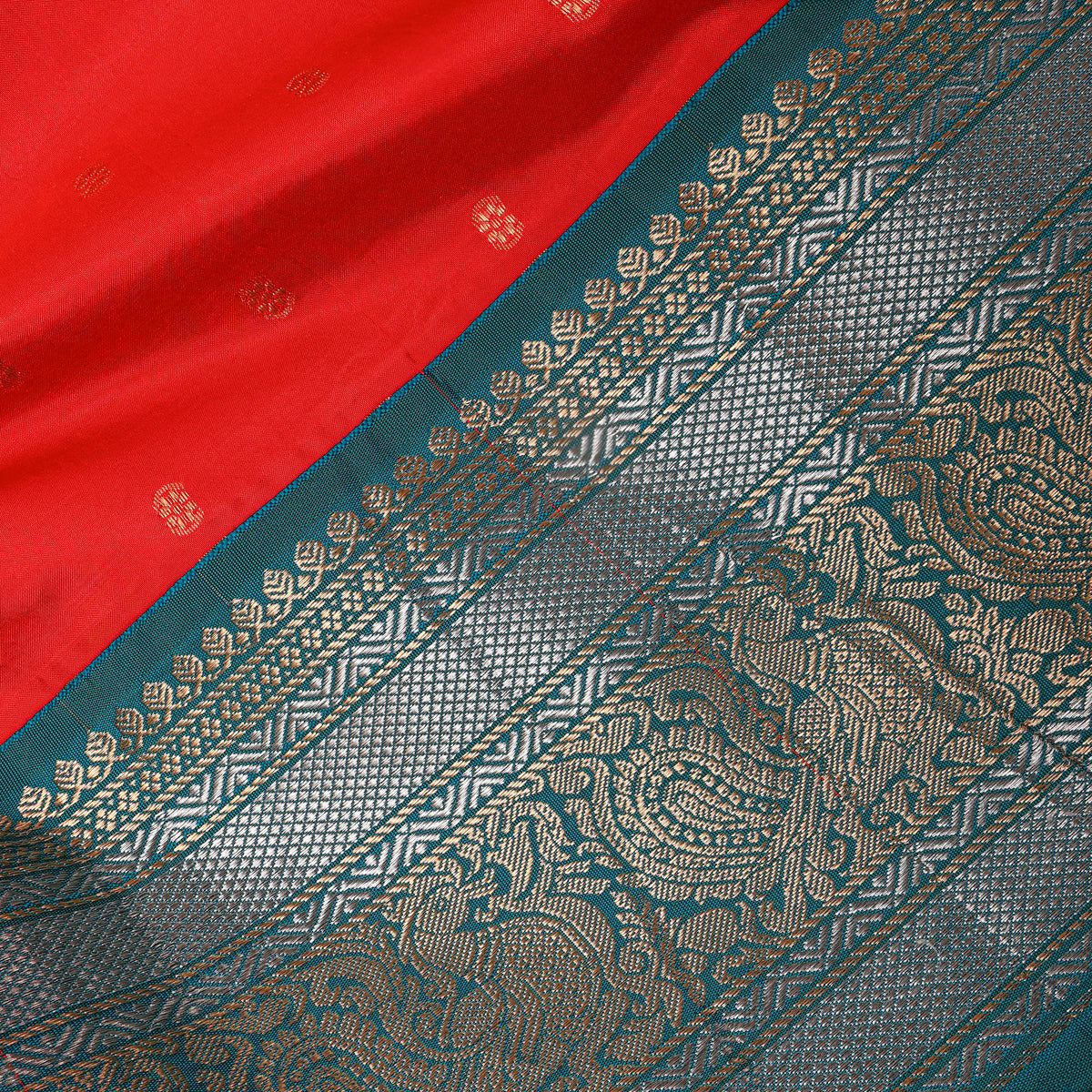 Tomato Dual Tone Zari Butti Green Border Jamawar Silk Fabric