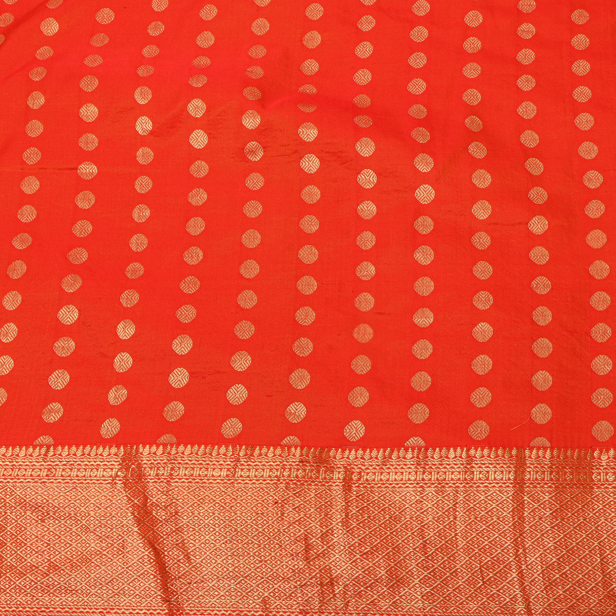 Poppy Orange Gold Zari Butti Jamawar Silk Fabric With Broad Border