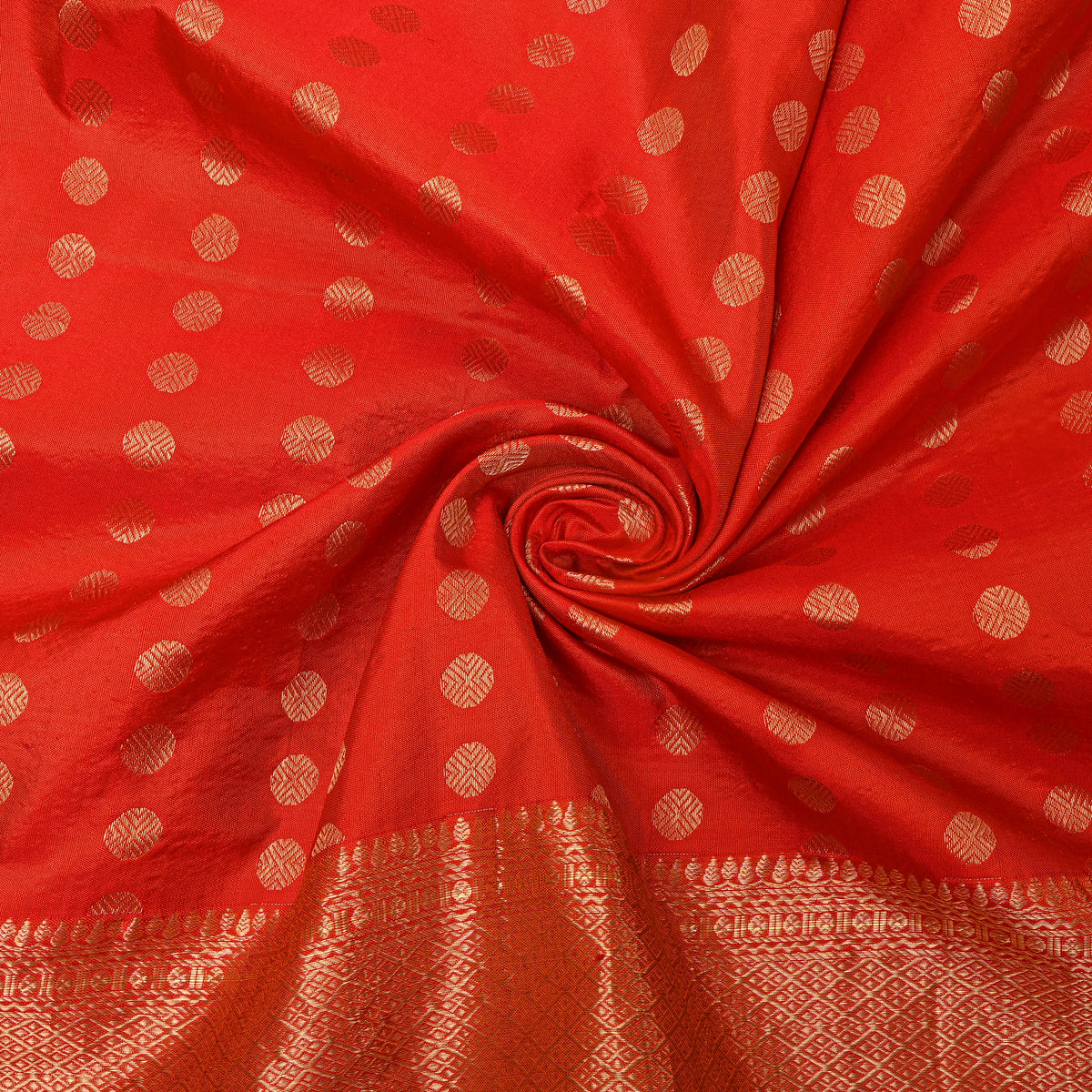 Poppy Orange Gold Zari Butti Jamawar Silk Fabric With Broad Border