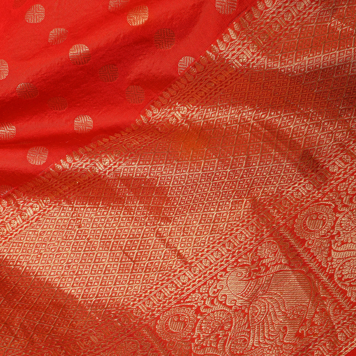 Poppy Orange Gold Zari Butti Jamawar Silk Fabric With Broad Border
