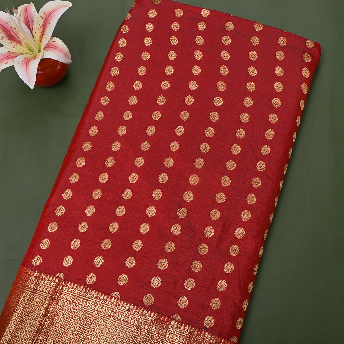 Crimson Red Gold Zari Butti Jamawar Silk Fabric With Broad Border