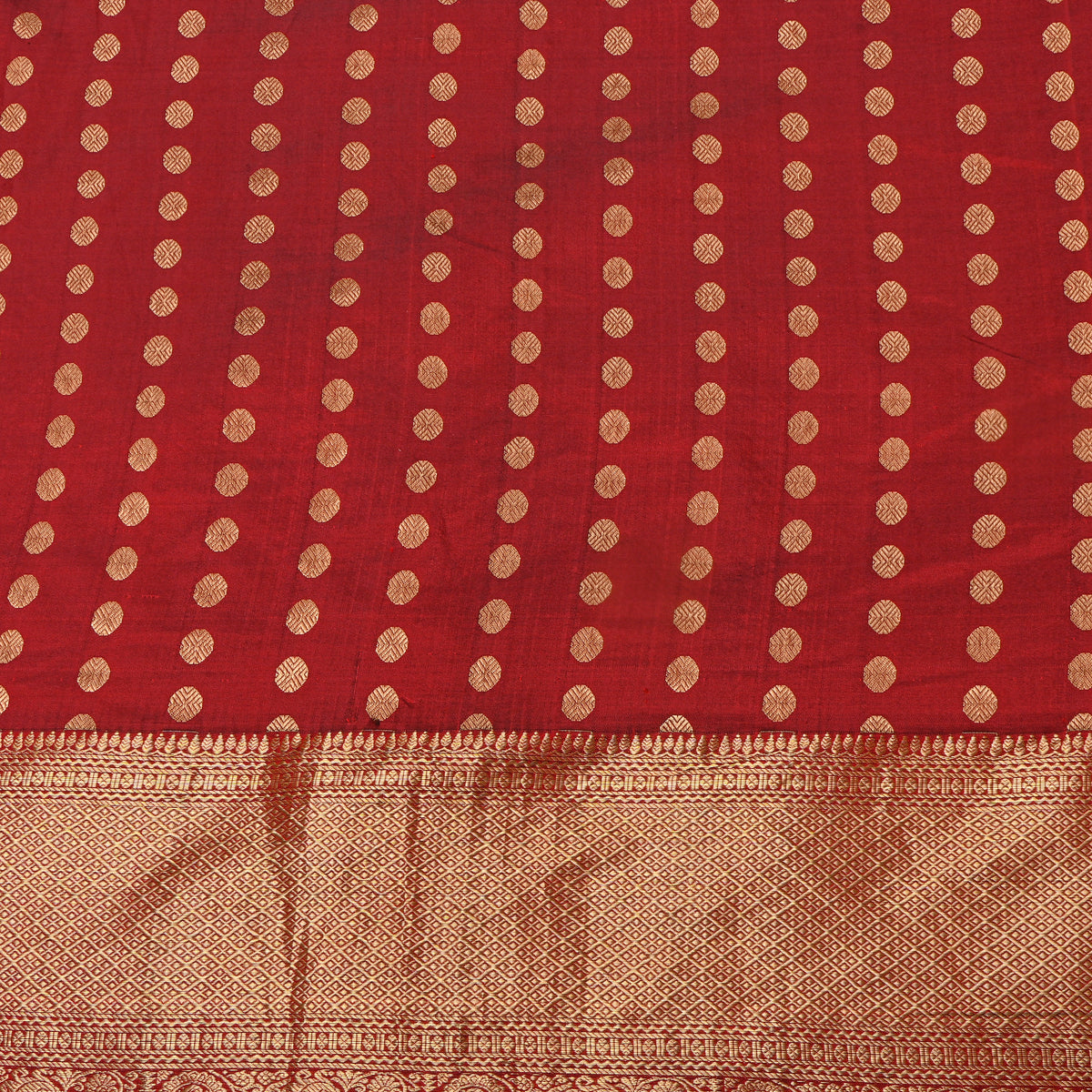 Crimson Red Gold Zari Butti Jamawar Silk Fabric With Broad Border