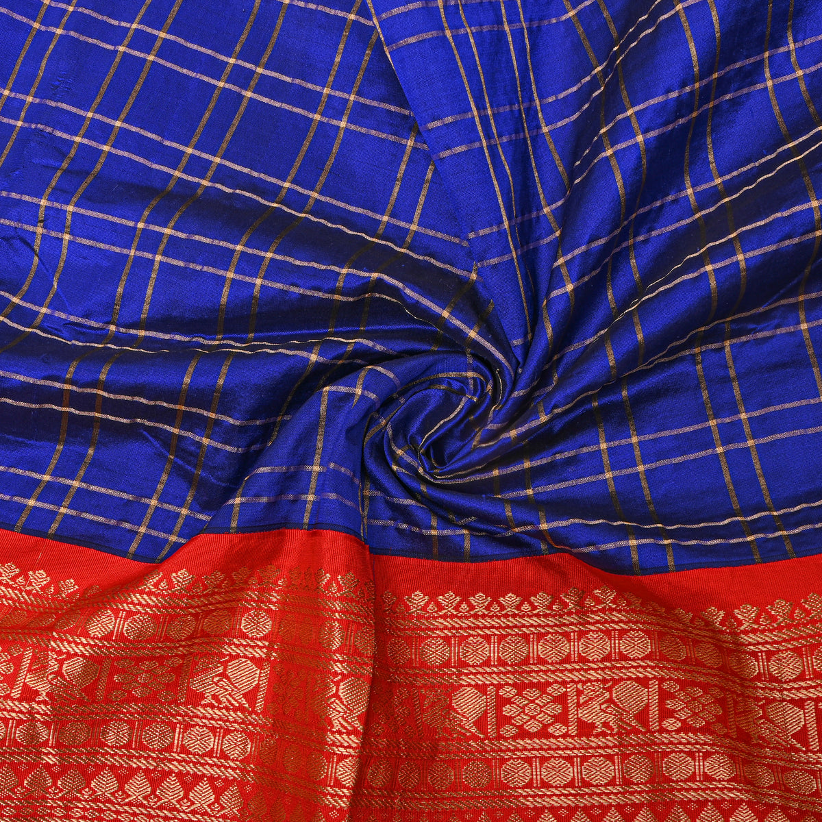 Royal Blue Gold Zari Checks Orange Border Jamawar Silk Fabric