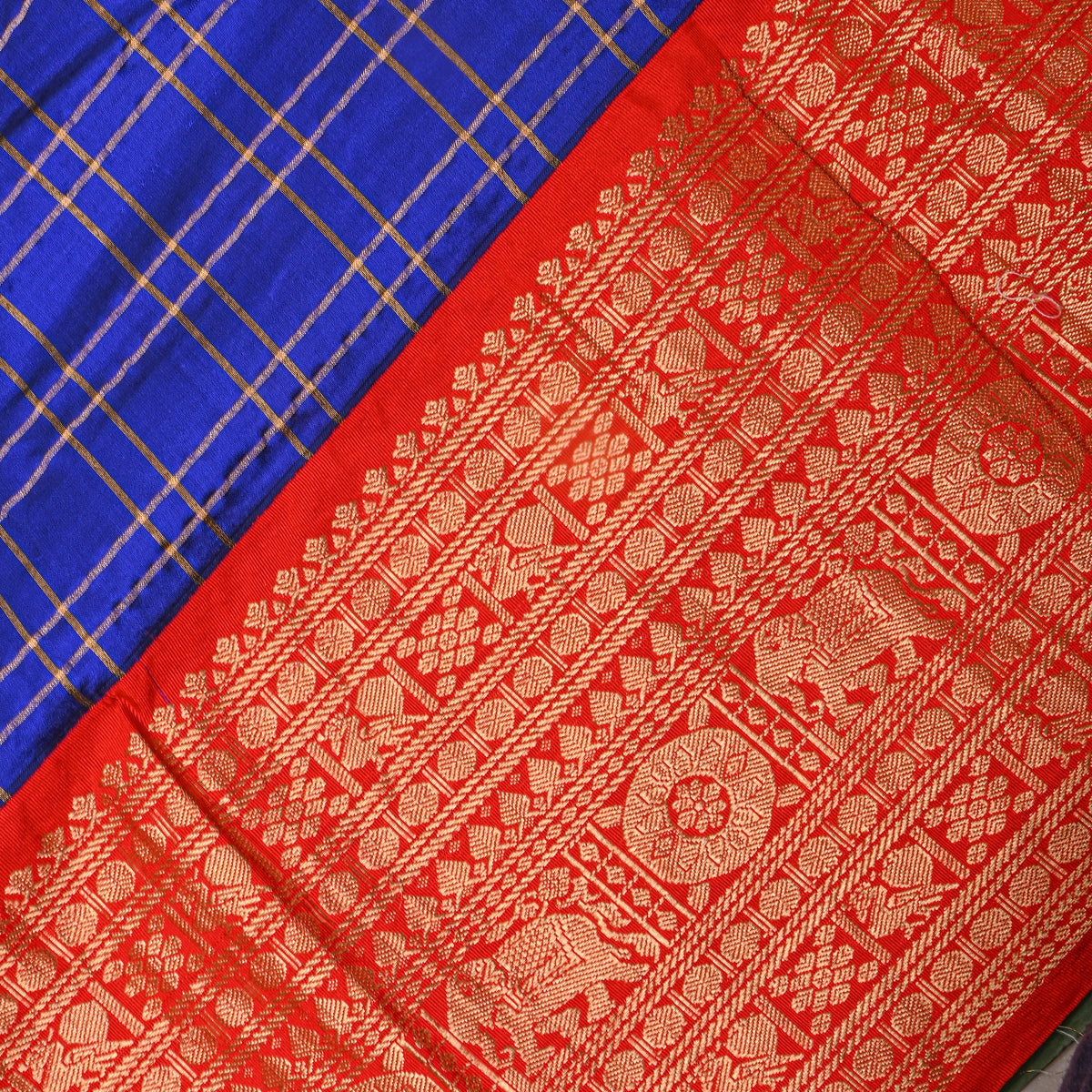 Royal Blue Gold Zari Checks Orange Border Jamawar Silk Fabric