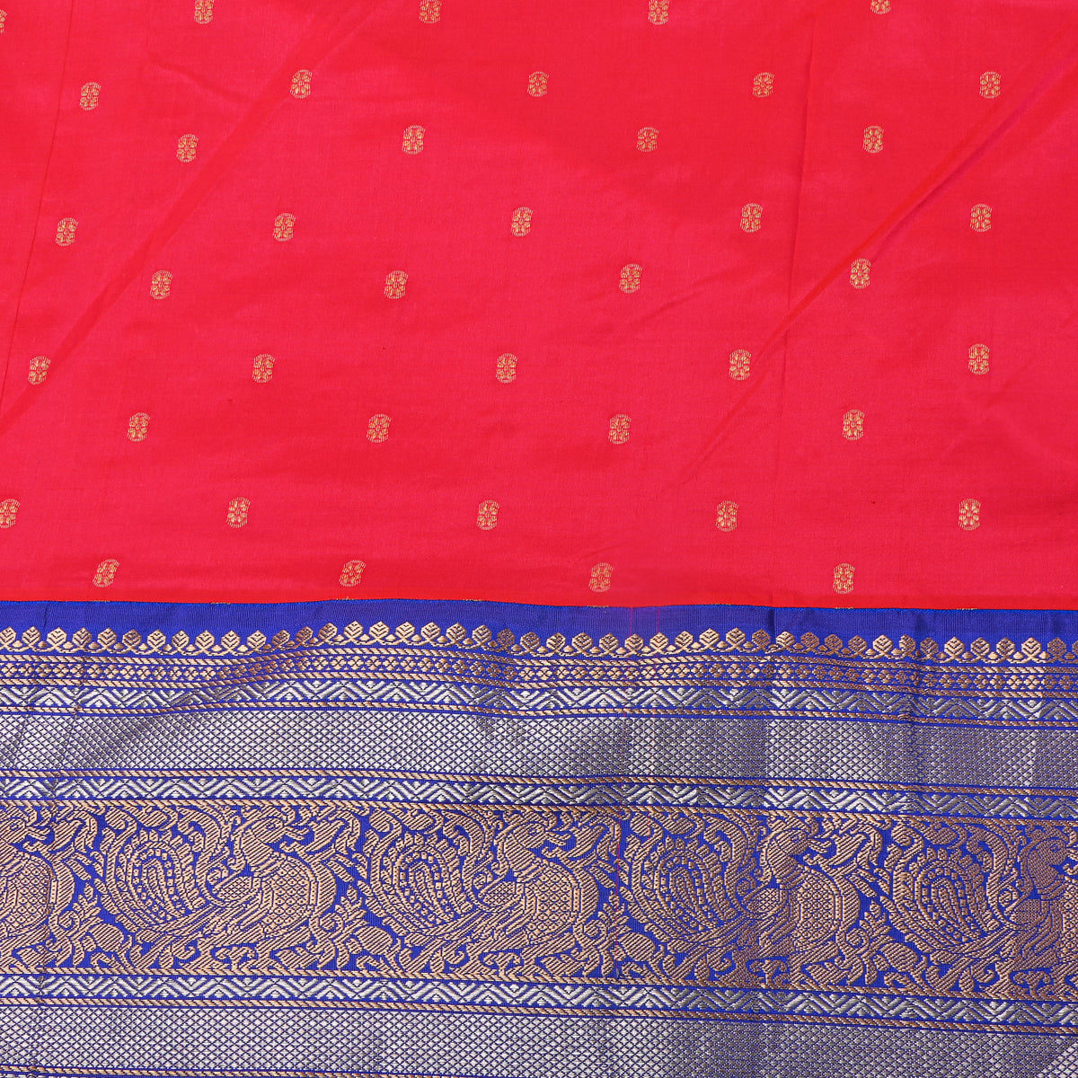 Strawberry Dual Tone Zari Butti Blue Border Jamawar Silk Fabric