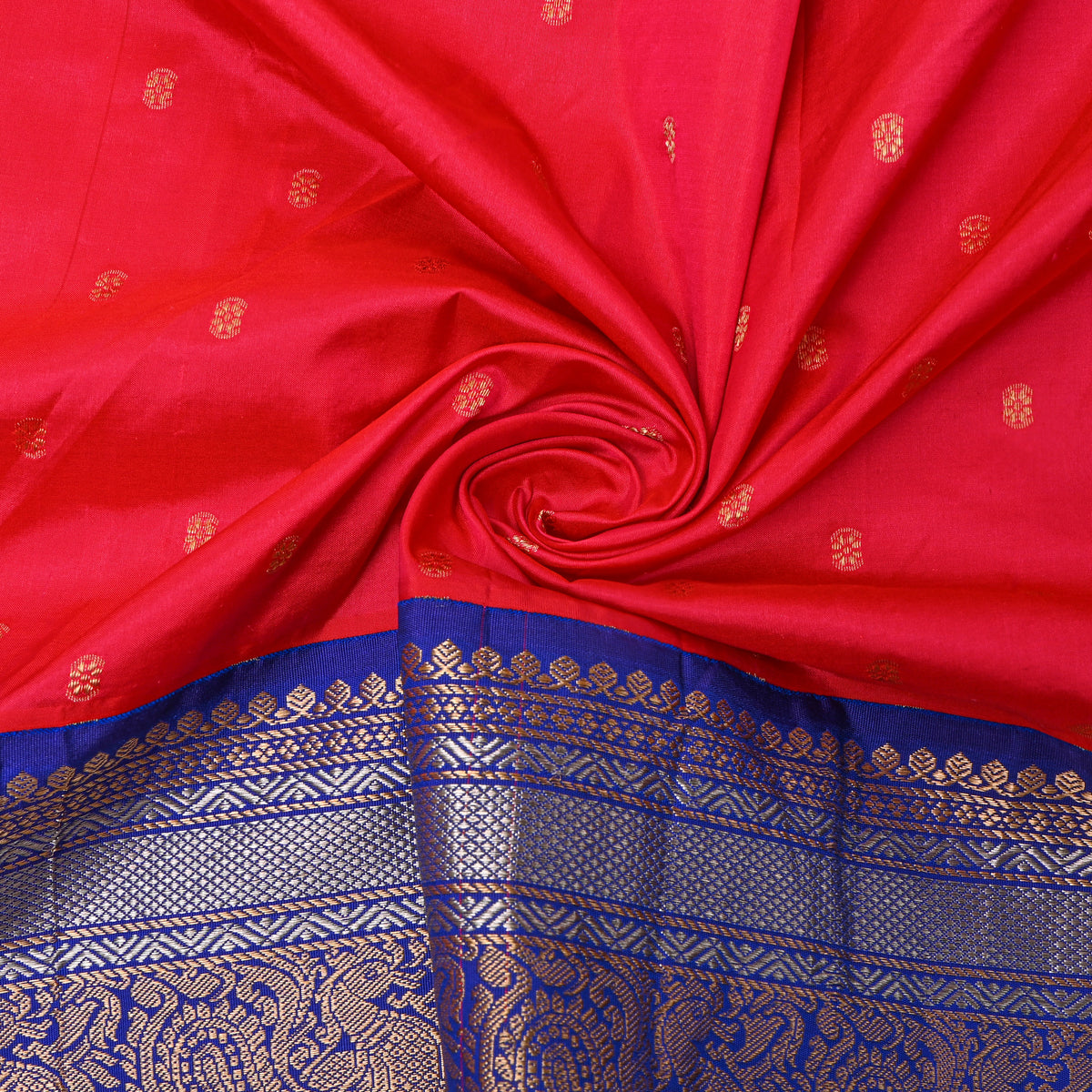 Strawberry Dual Tone Zari Butti Blue Border Jamawar Silk Fabric