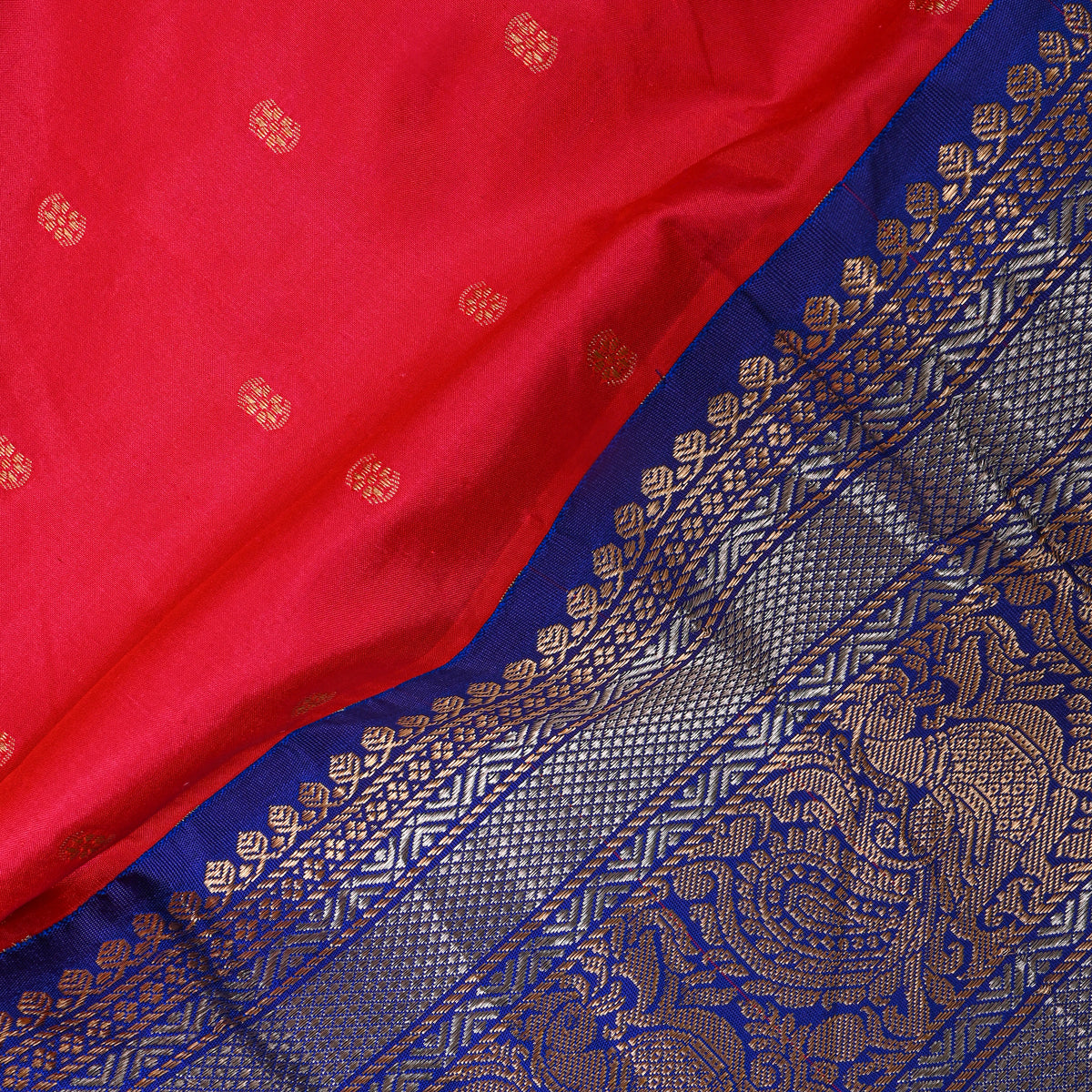 Strawberry Dual Tone Zari Butti Blue Border Jamawar Silk Fabric
