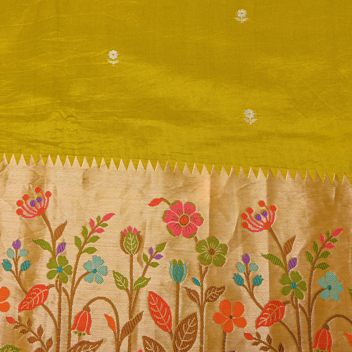 Mustard Green Floral Border Dual-Tone Jamawar Silk Fabric