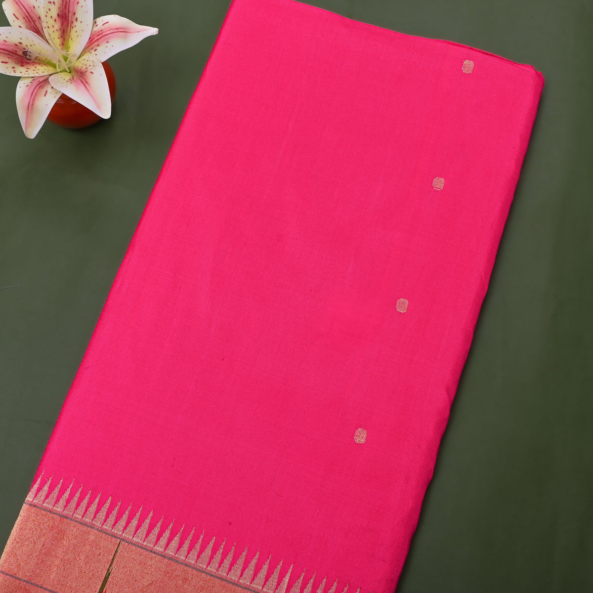 Candy Pink Gold Zari Butti Paithani Border Silk Fabric