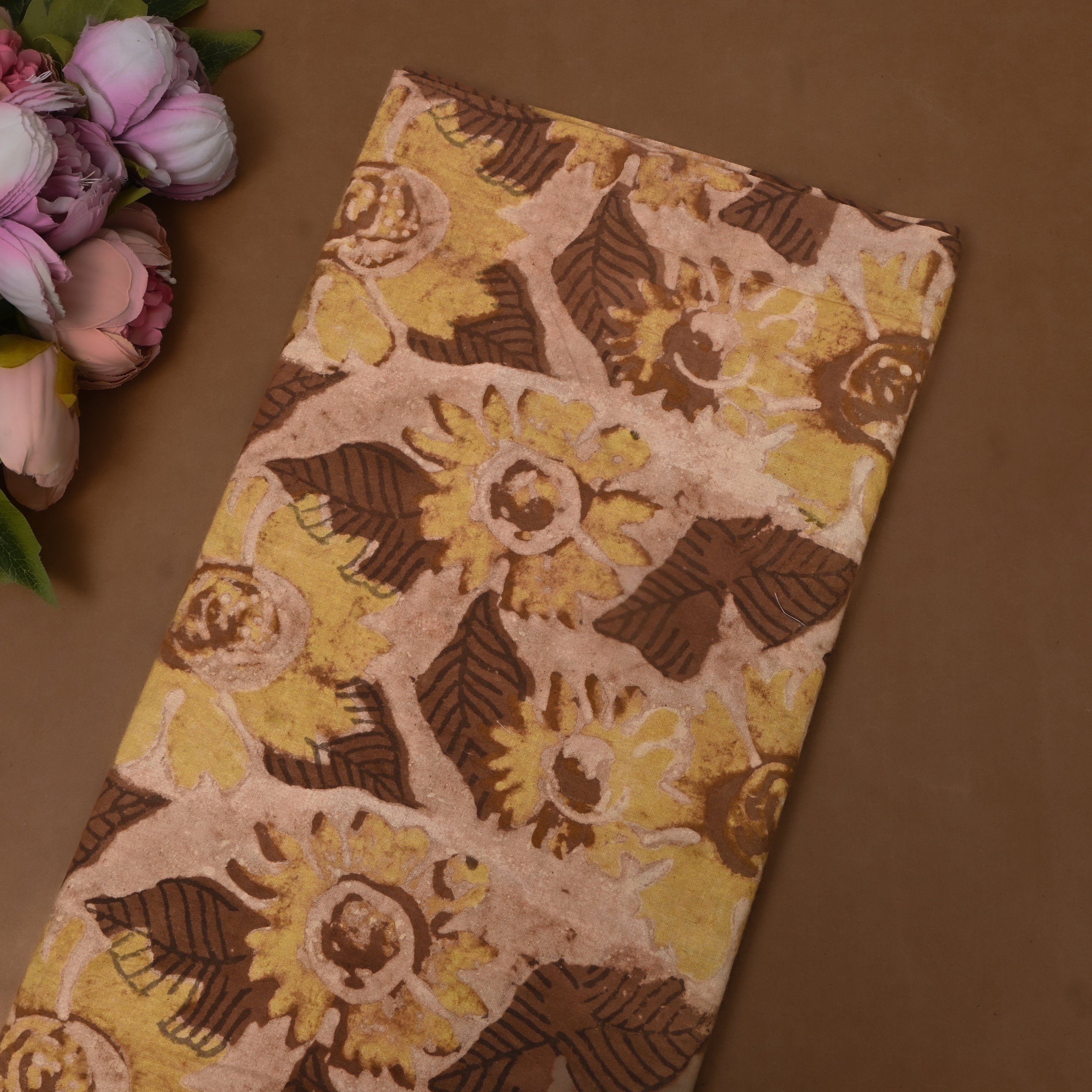 Beige Hand Block Printed Sunflower Cotton Fabric